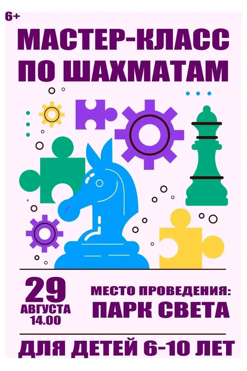 МАСТЕР-КЛАСС ПО ШАХМАТАМ 29 августа 14:00. (Парк света, вход свободный)